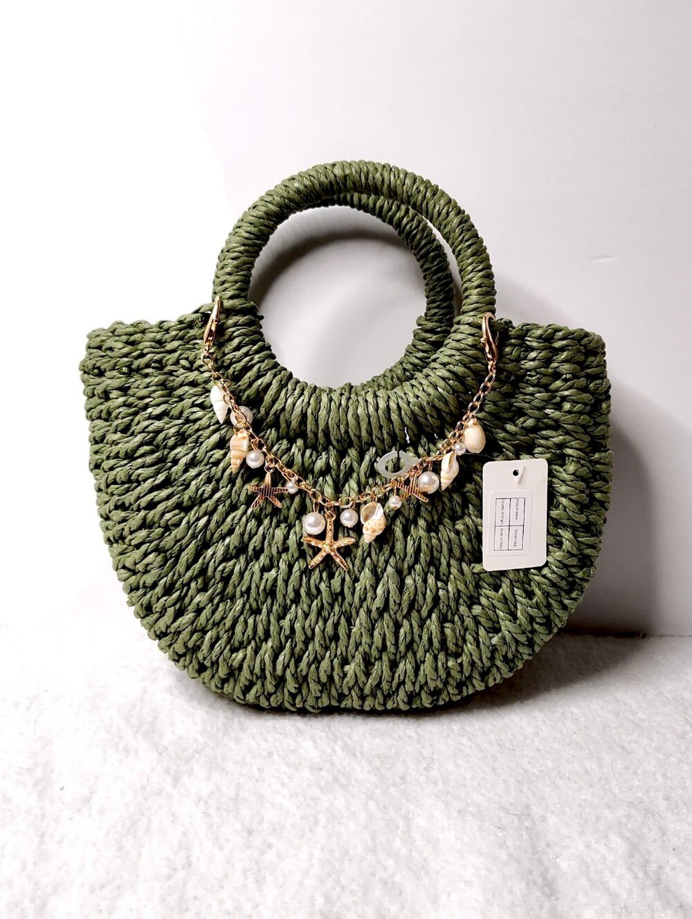 Woven Round Handle Straw Tote Bag with Shell Charm - Olive Green